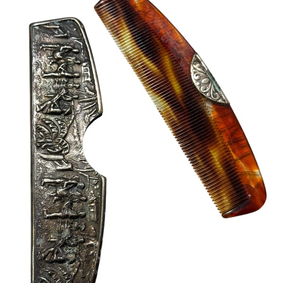 Antique Denmark Repousse Silverplate Case Comb outdoor farming Scene Hans Jensen - Picture 4 of 6